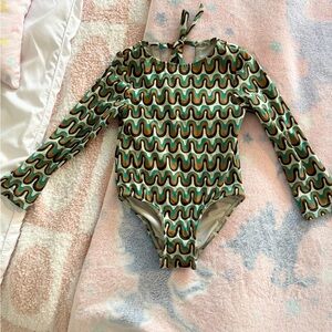 Montce Kids One-Piece Swimsuit in Green and Brown Wave Print